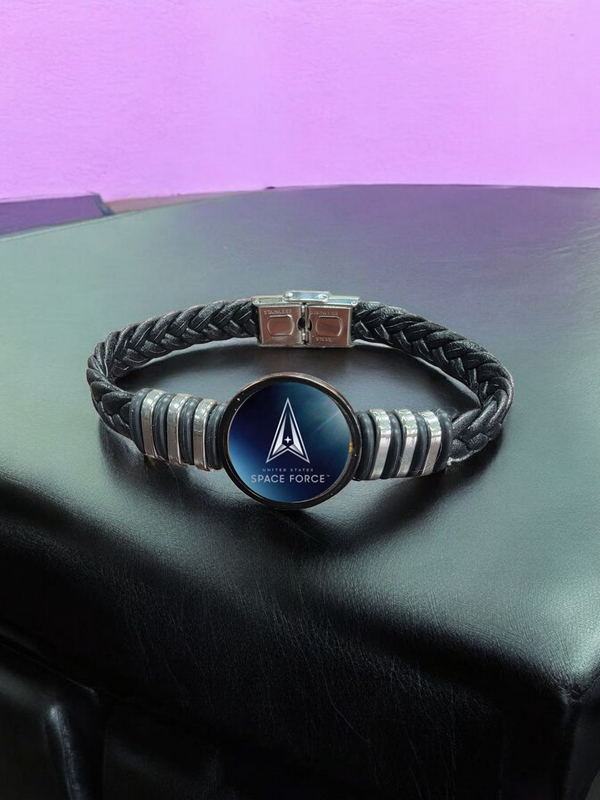 Officially Licensed Space Force Bracelet, Black Leather & Stainless Steel, Perfect Gift for Military Lovers, Gift Boxed, Sizes Available