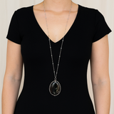 Midnight Majesty Long Agate Pendant Necklace with Crystal Chain