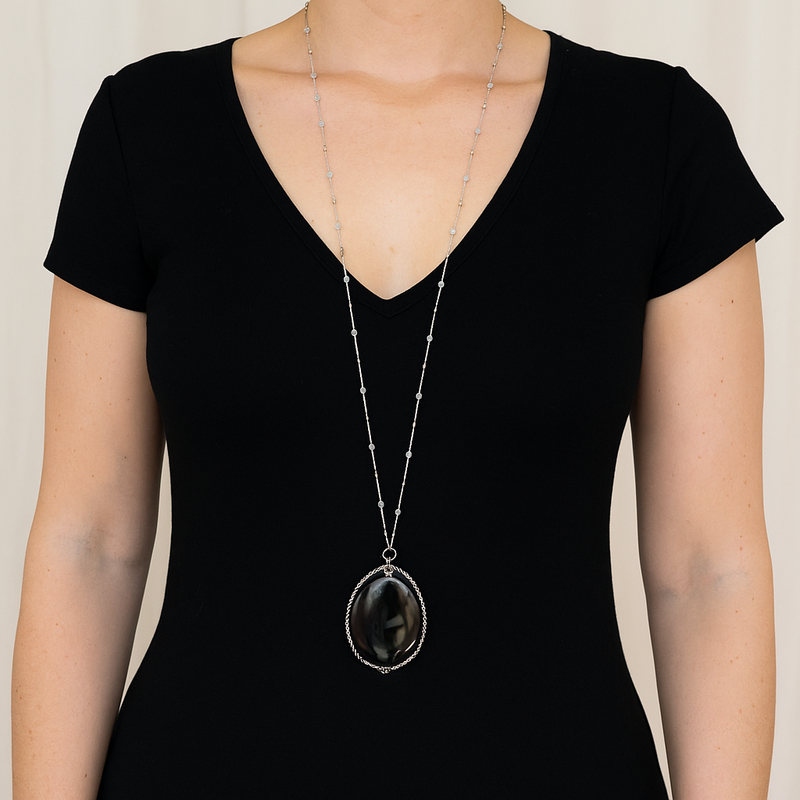 Midnight Majesty Long Agate Pendant Necklace with Crystal Chain