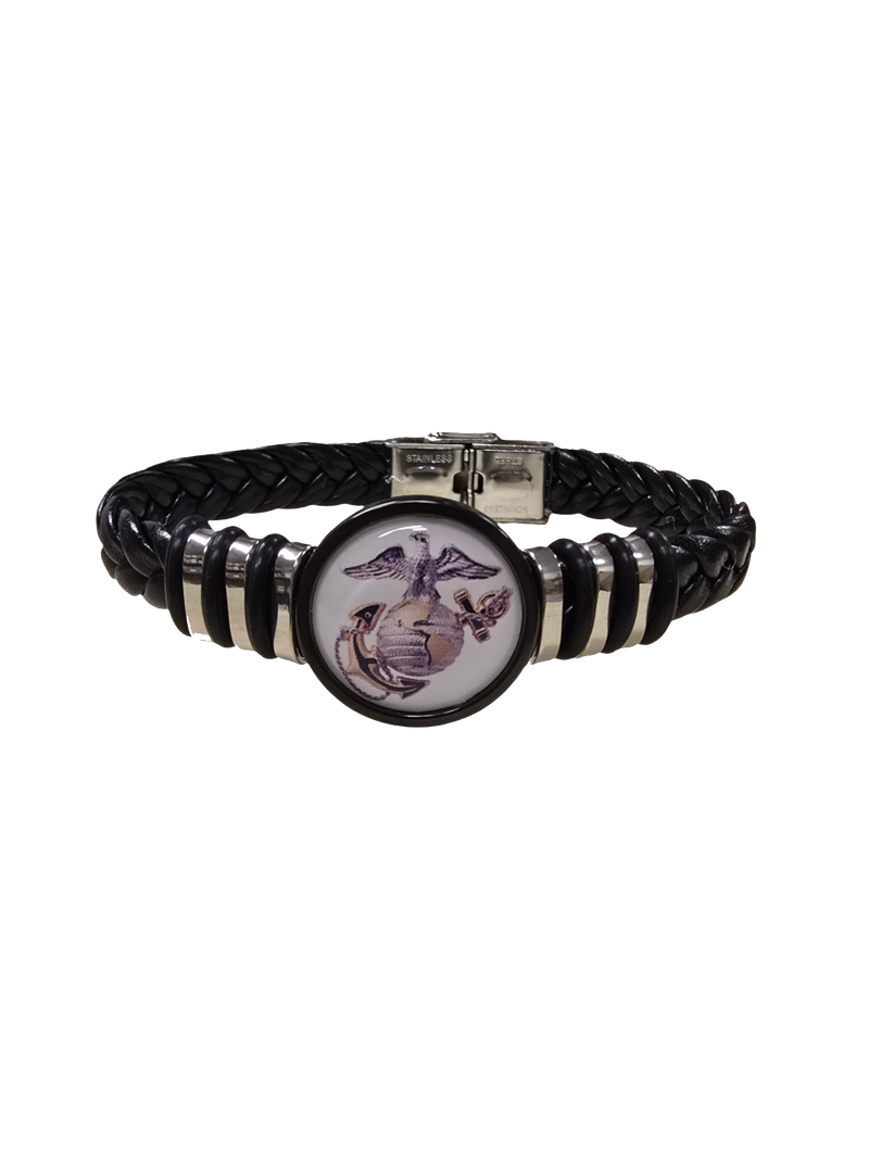Marine Corps Black Braided Leather Bracelet, Eagle Globe Anchor (EGA) or Marine Seal Symbol, Officially Licensed