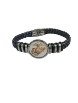 Officially Licensed Marine Corps Black Braided Leather Bracelet with Stainless Steel Accents | Choose from Eagle Globe Anchor or Marine Seal Symbol