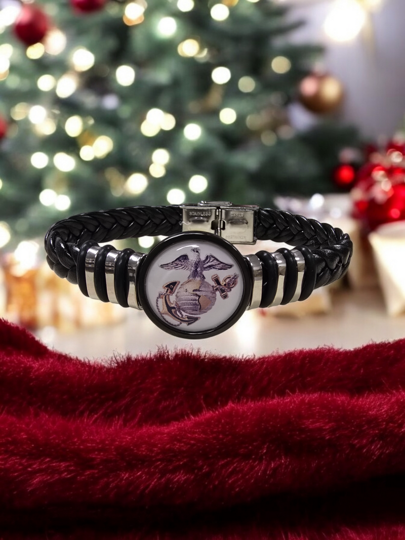 Marine Corps Black Braided Leather Bracelet, Eagle Globe Anchor (EGA) or Marine Seal Symbol, Officially Licensed