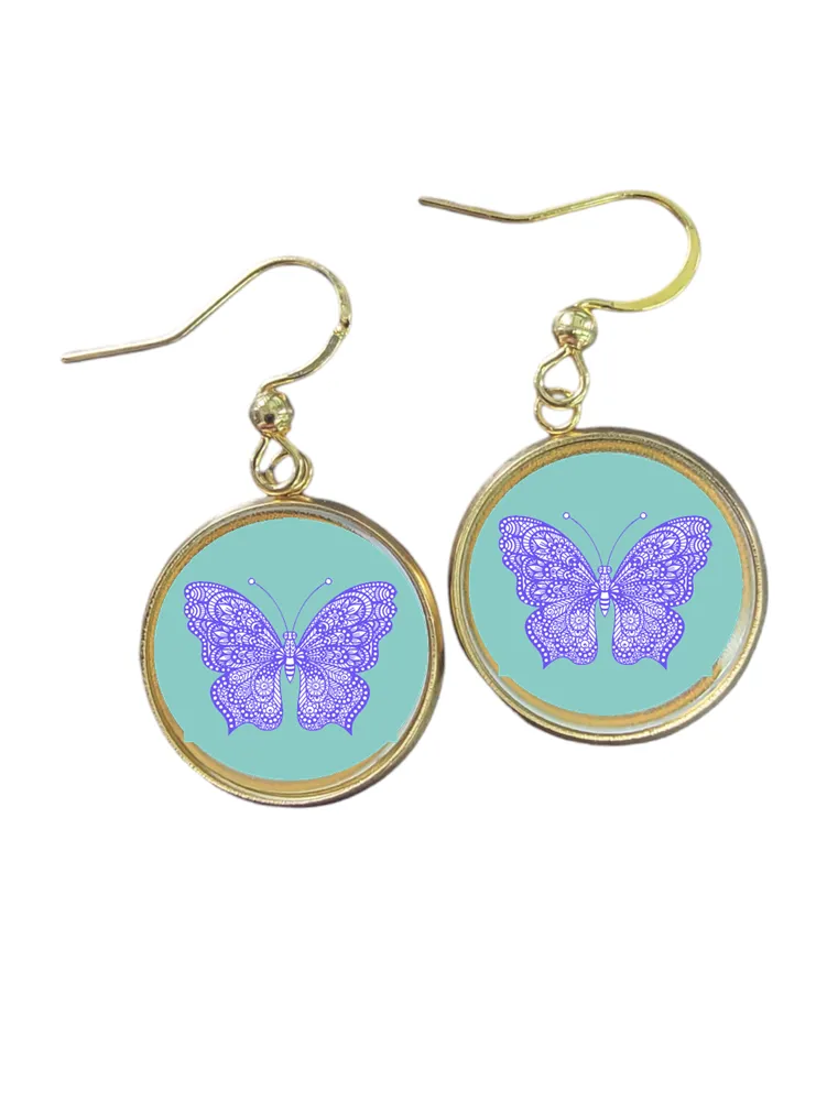 Gold Butterfly Resin Pendant Earrings - Purple & Teal Dangle Earrings