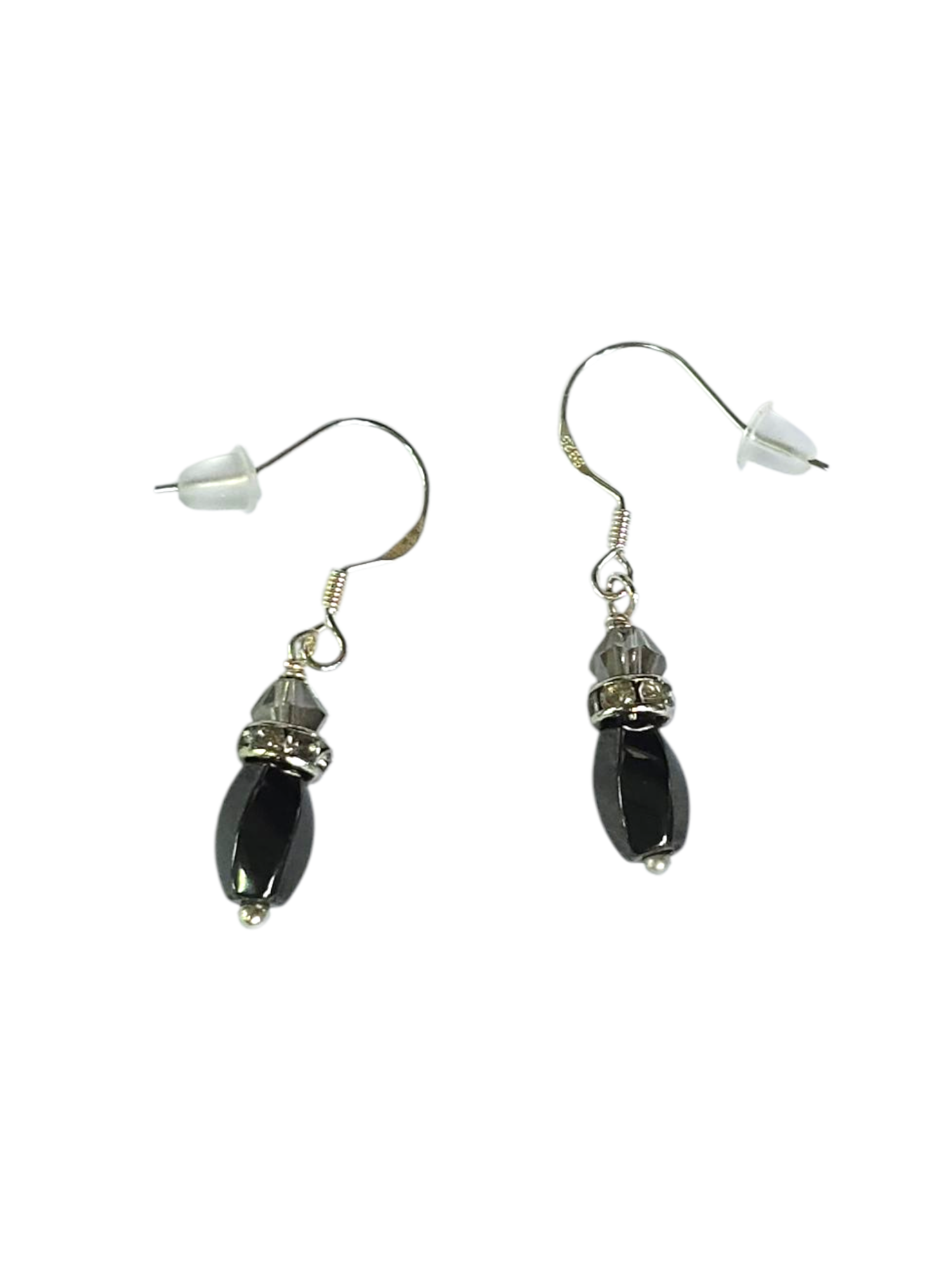 Black Gemstone Hematite Drop Earrings with Crystal Accents | Sterling Silver