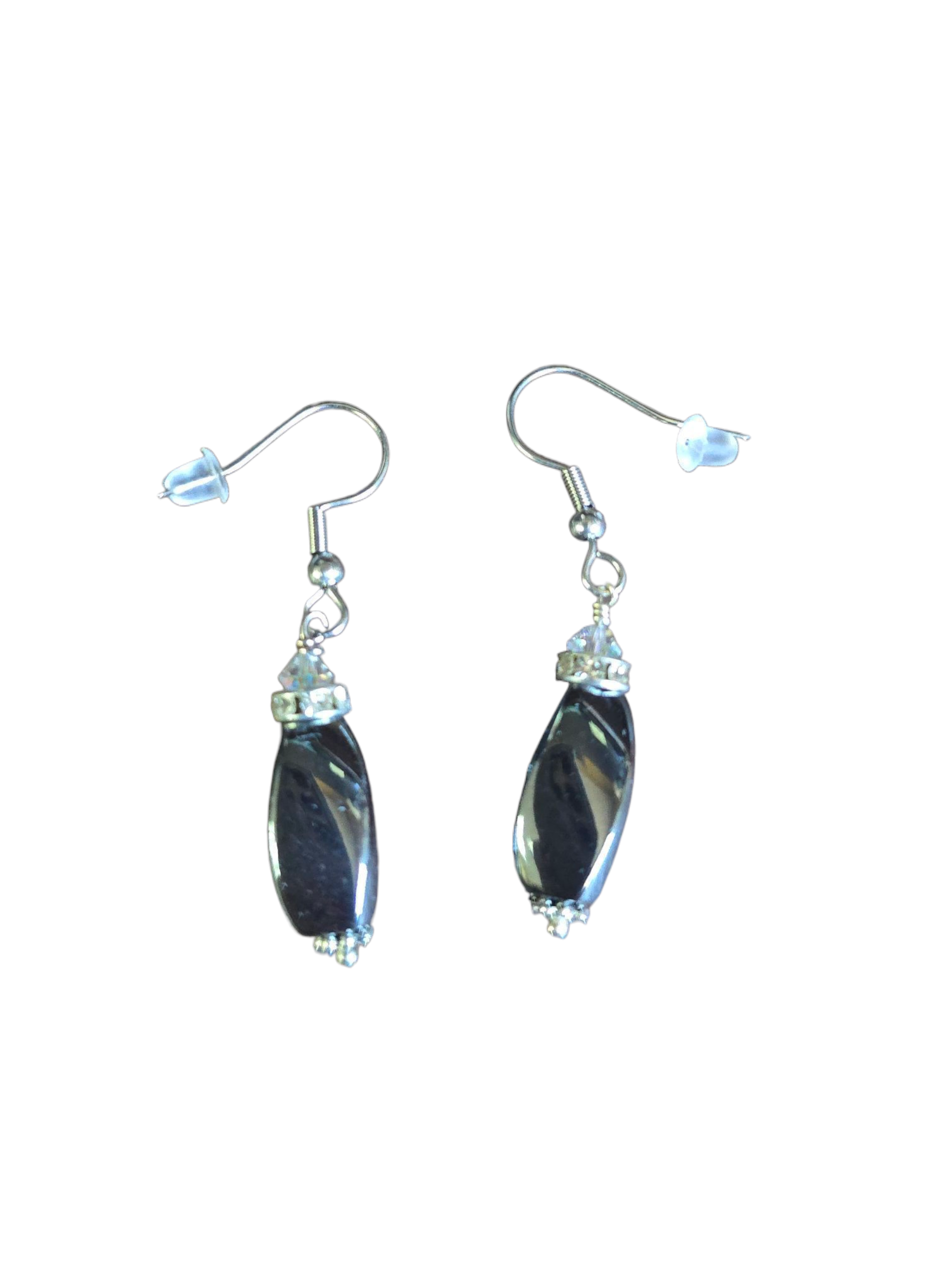 Black Gemstone Hematite Drop Earrings with Crystal Accents | Sterling Silver