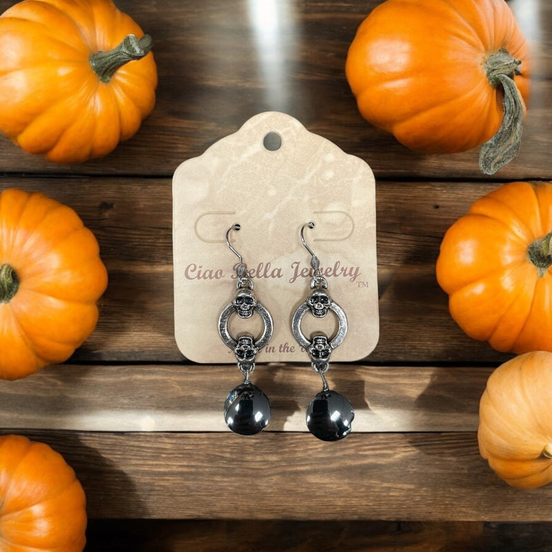 Skulls & Shadow: Antique Silver Dangle Earrings with Hematite Gemstone