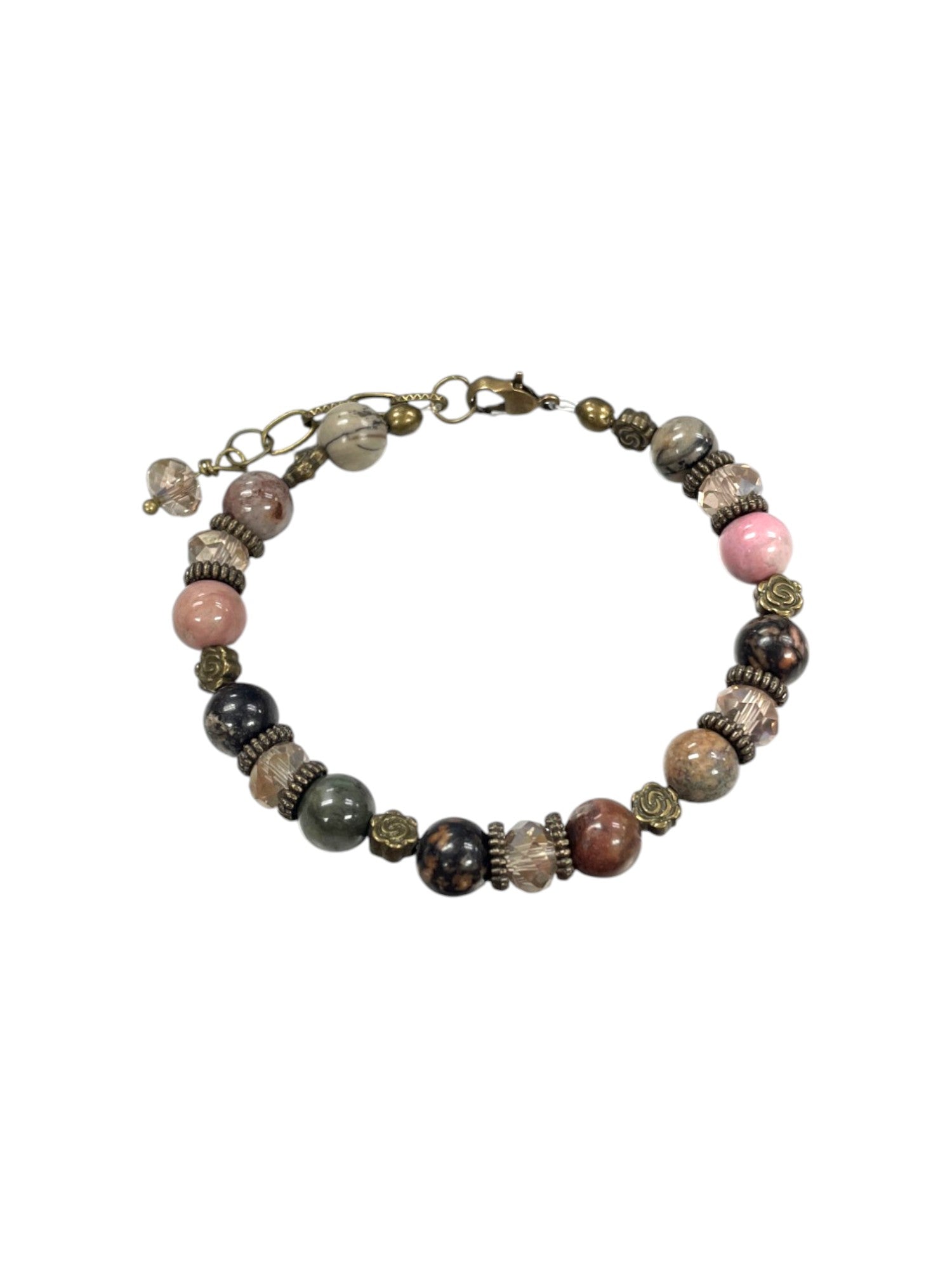 Rhodonite and Bronze Flower Bracelet with Crystal Accents