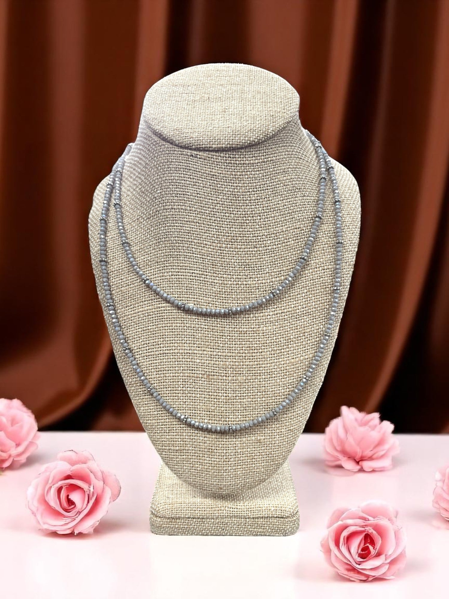 Elegant Long Beaded Necklace | Light Gray