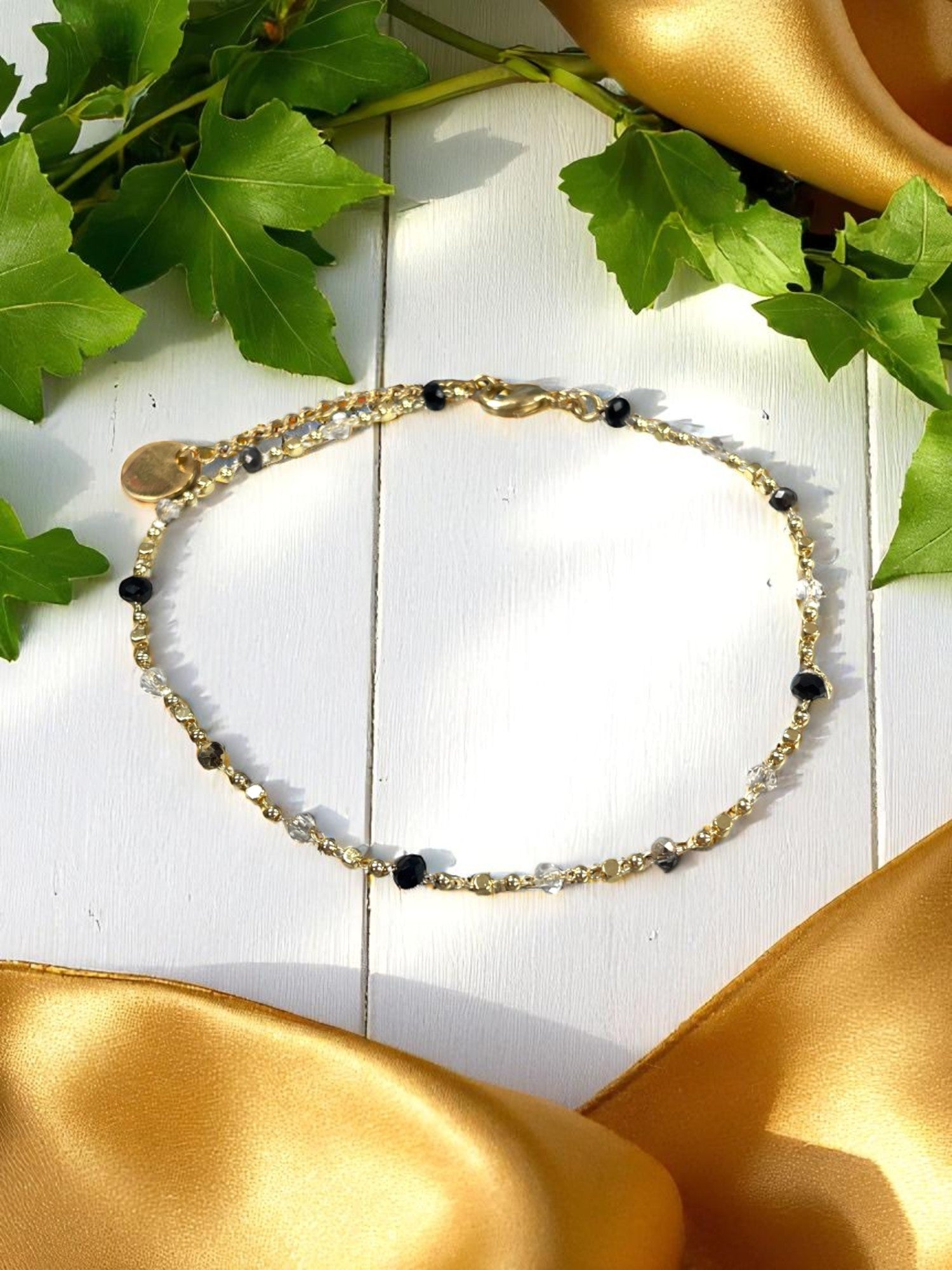 Sparkling Gold Chain Anklet | Black & Clear Crystals