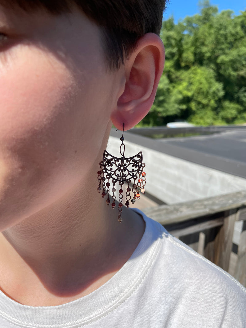 Bohemian Rhapsody: Copper Filigree Chandelier Earrings with Poppy Jasper Mix