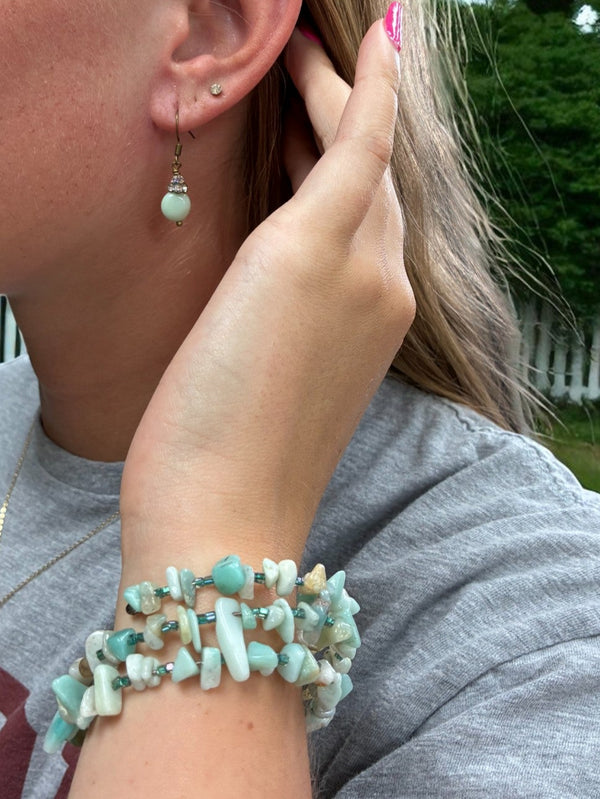 Amazonite Jewelry Set, Stacked Wrap Bracelet, Crystal Earrings