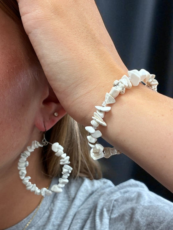 White Howlite Jewelry Set, Wrap Bracelet & Large Hoop Earrings