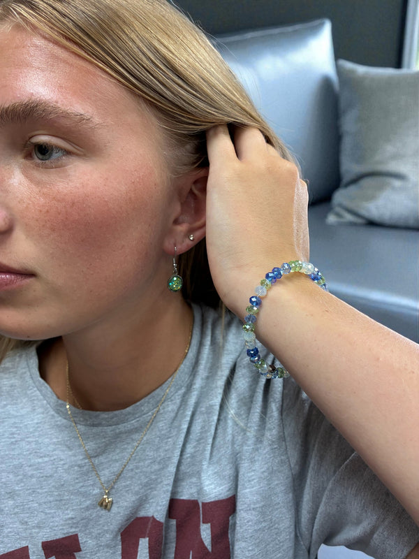 Green & Blue Crystal Jewelry Set, Beaded Bracelet & Druzy Earrings