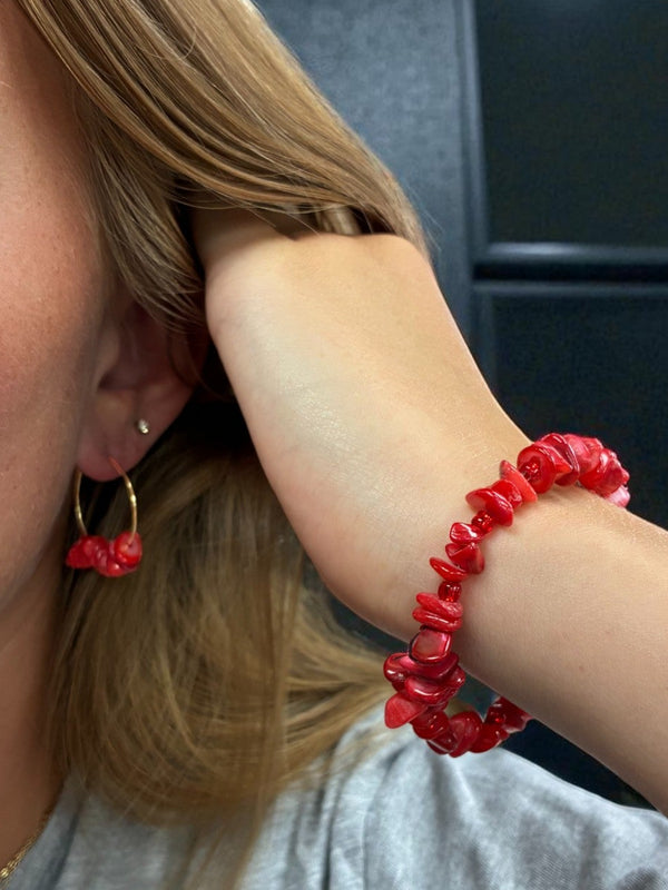 Red Agate Jewelry Set, Wrap Bracelet & Hoop Earrings