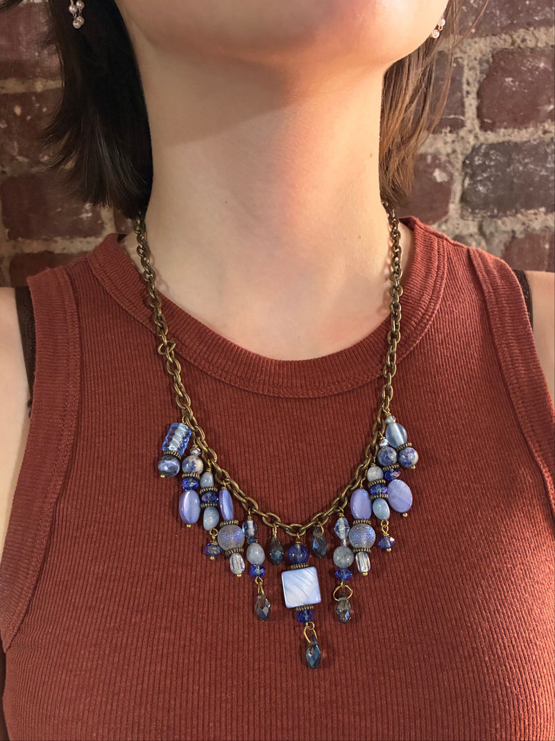 Gemstone Cluster Bib Necklace - Tiger Eye, Turquoise Amazonite, Amethyst, Blue Agate, Apatite, and Sodalite