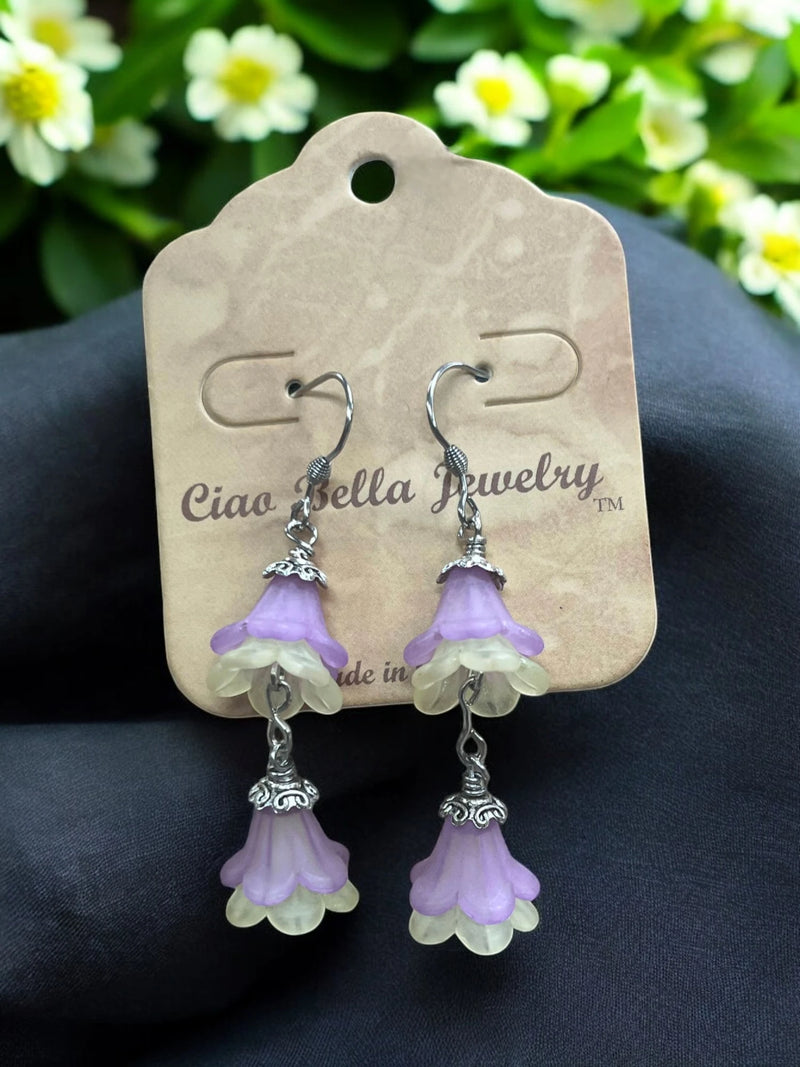 Delicate Lucite Flower Double Dangle Earrings | Handmade | Assorted Colors