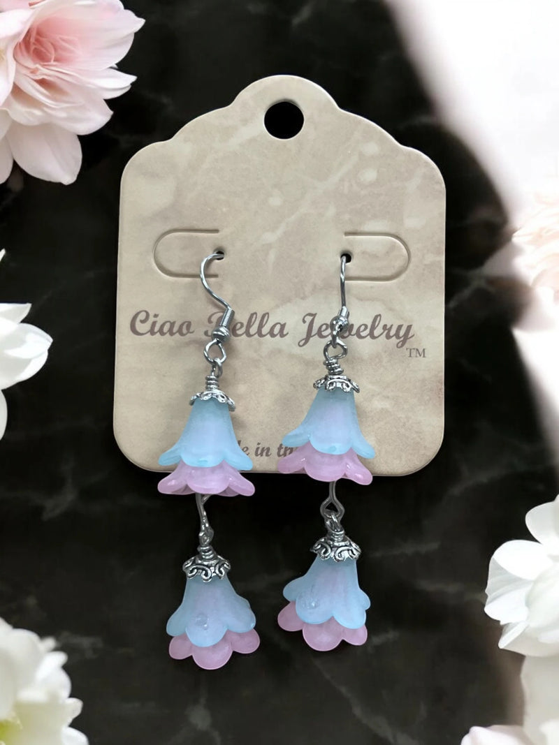 Delicate Lucite Flower Double Dangle Earrings | Handmade | Assorted Colors