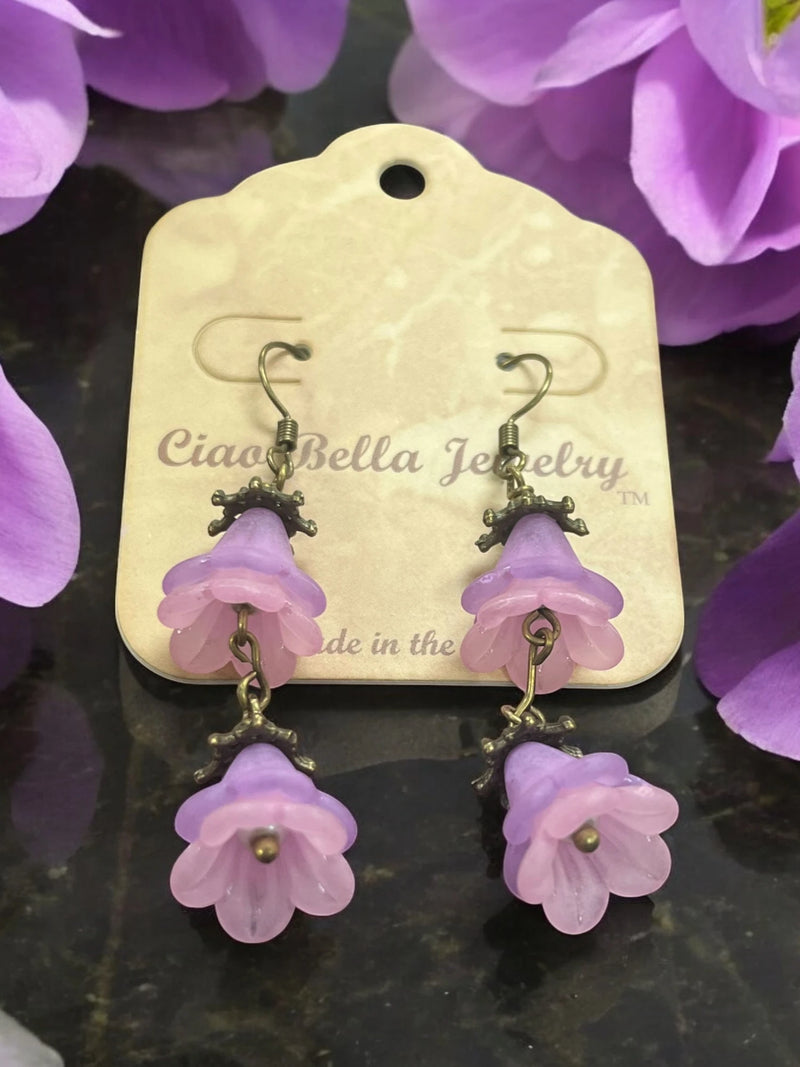 Delicate Lucite Flower Double Dangle Earrings | Handmade | Assorted Colors