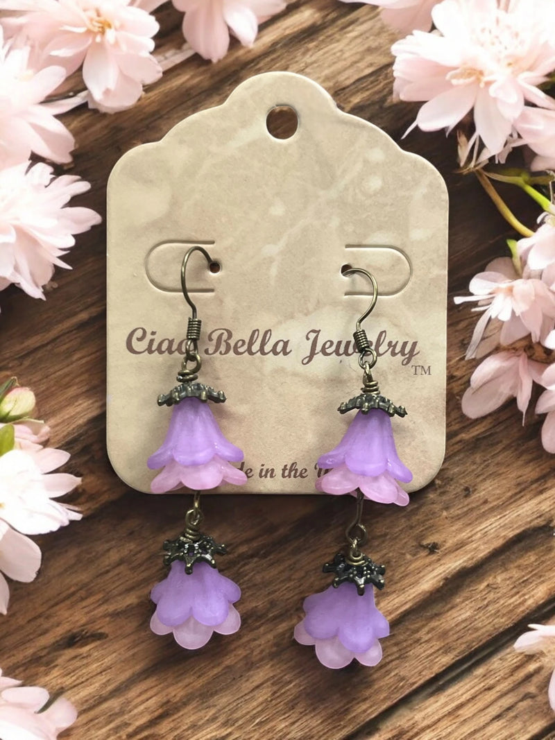 Delicate Lucite Flower Double Dangle Earrings | Handmade | Assorted Colors