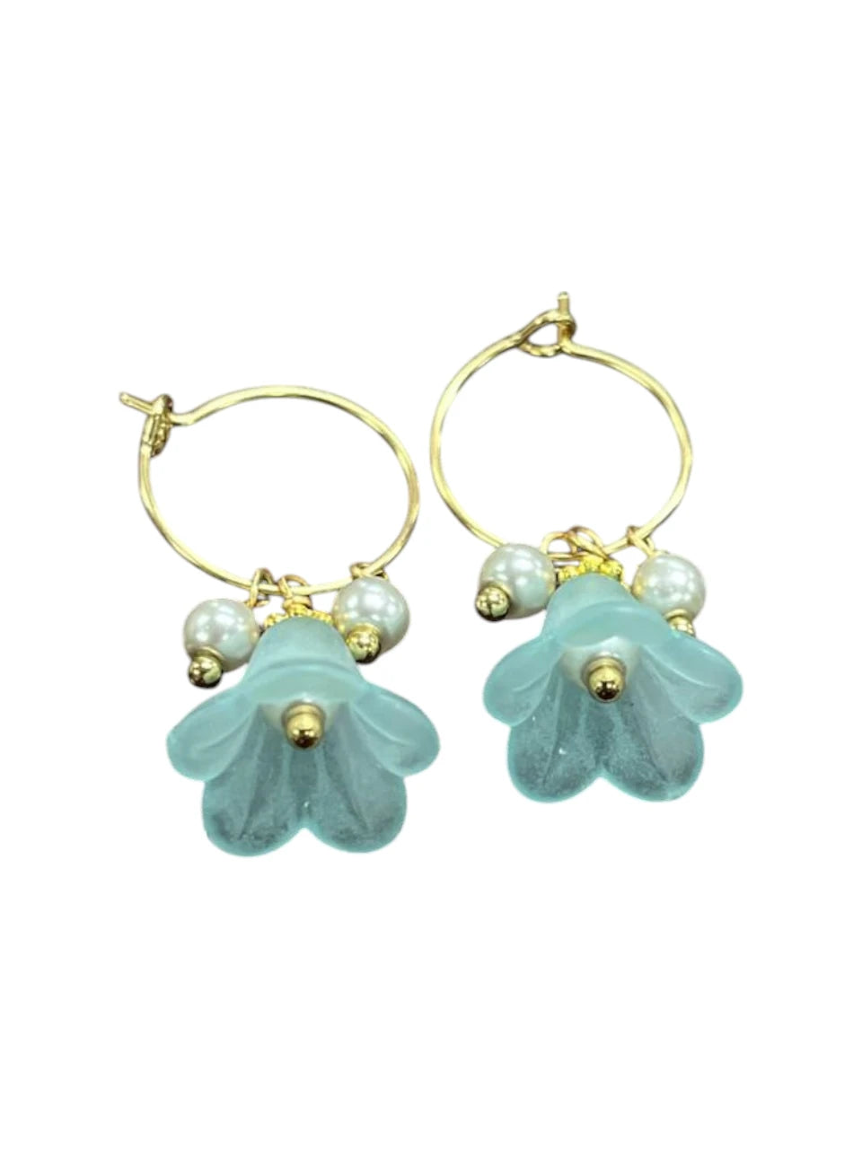 Golden Delicate Lucite Flower & Pearl Hoop Earrings | Handmade | Assorted Colors