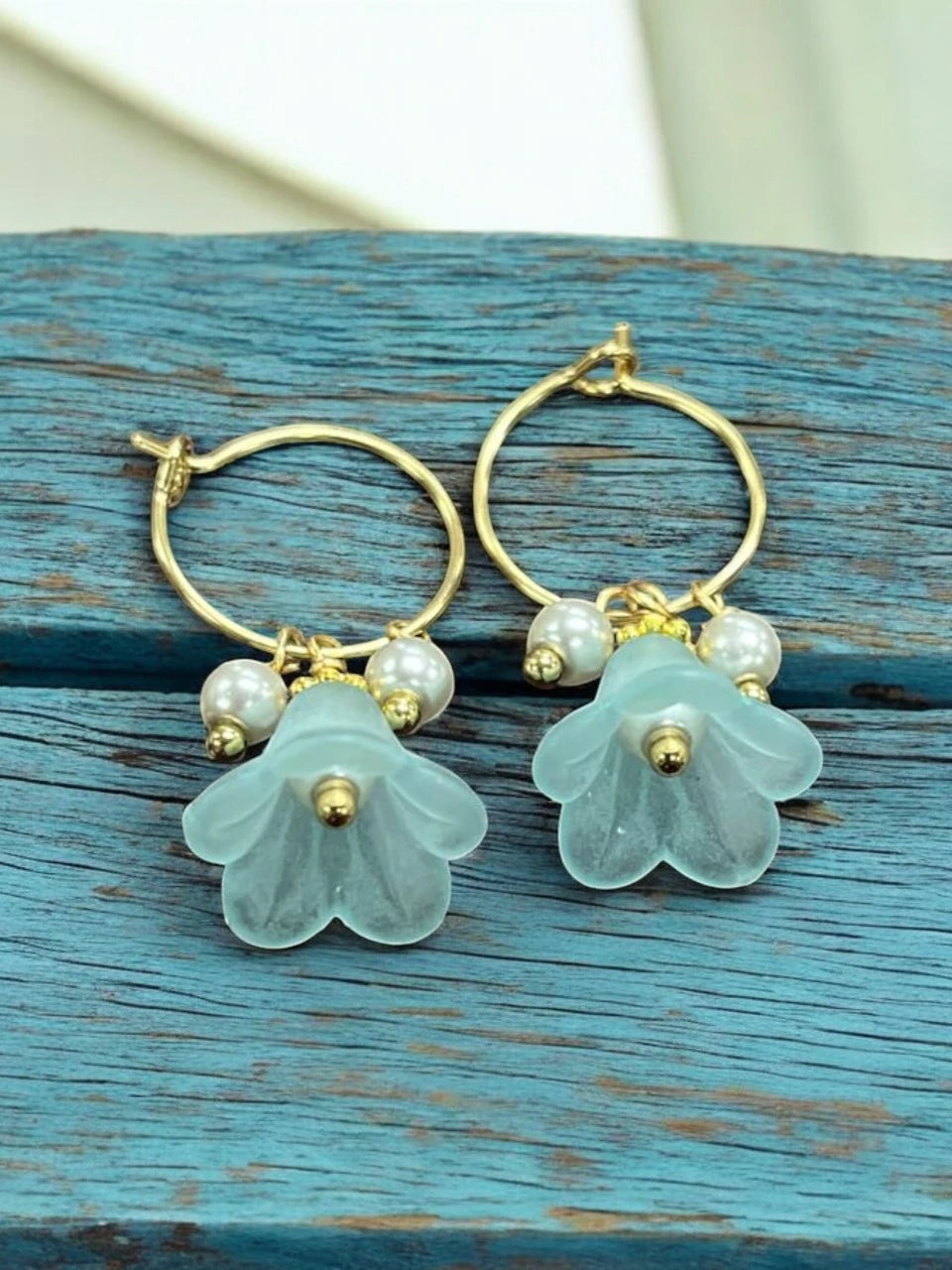 Golden Delicate Lucite Flower & Pearl Hoop Earrings | Handmade | Assorted Colors