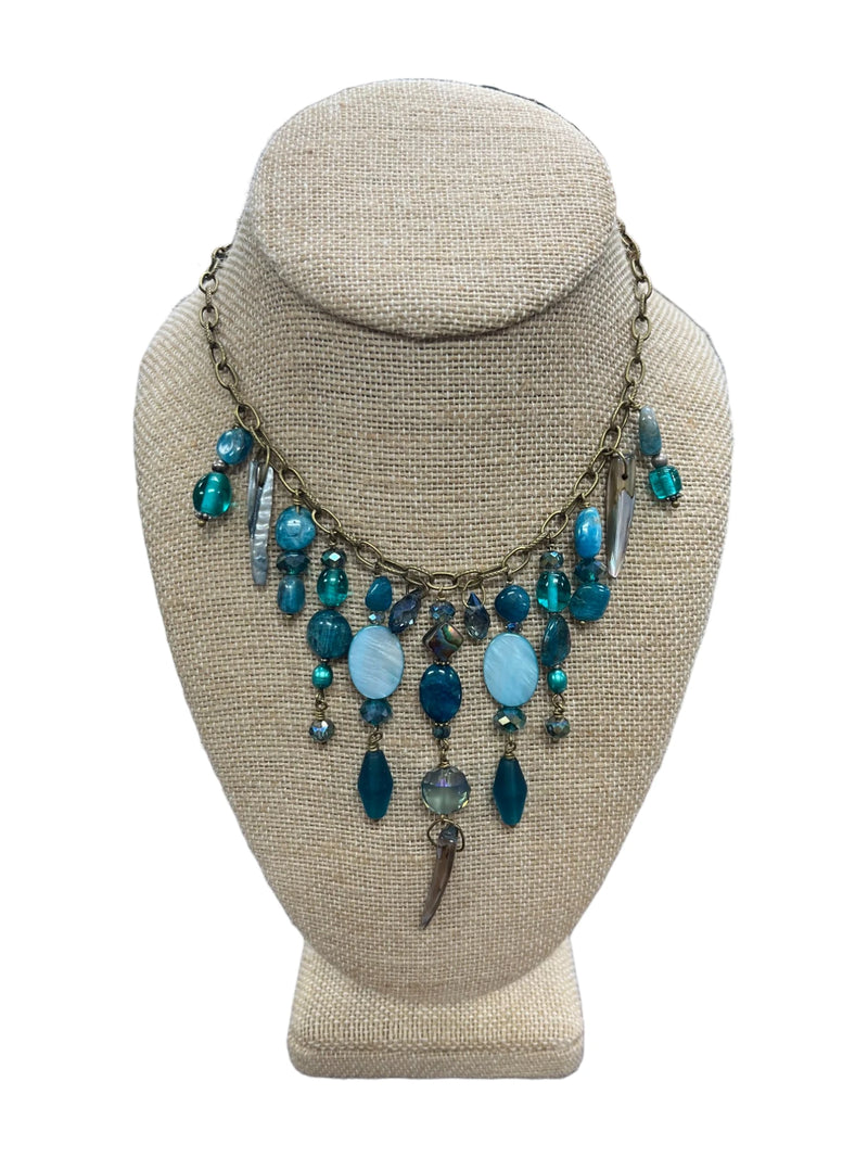 Gemstone Cluster Bib Necklace - Antique Gold - Tiger Eye, Turquoise Amazonite, Amethyst, Blue Agate, and Apatite