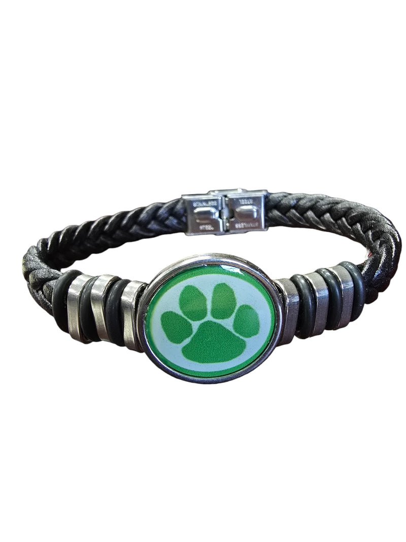 Black Braided Leather Bracelet with Green Pawprint | Handmade