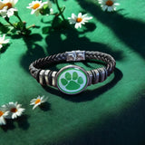 Black Braided Leather Bracelet with Green Pawprint | Handmade