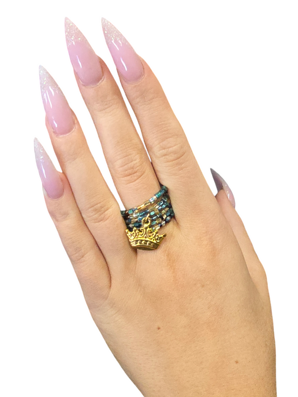 Golden Crown Charm Ring | Beaded Ring | Regal Jewelry