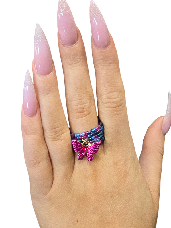 Hot Pink Butterfly Charm Ring | Beaded Ring | Floral Jewelry