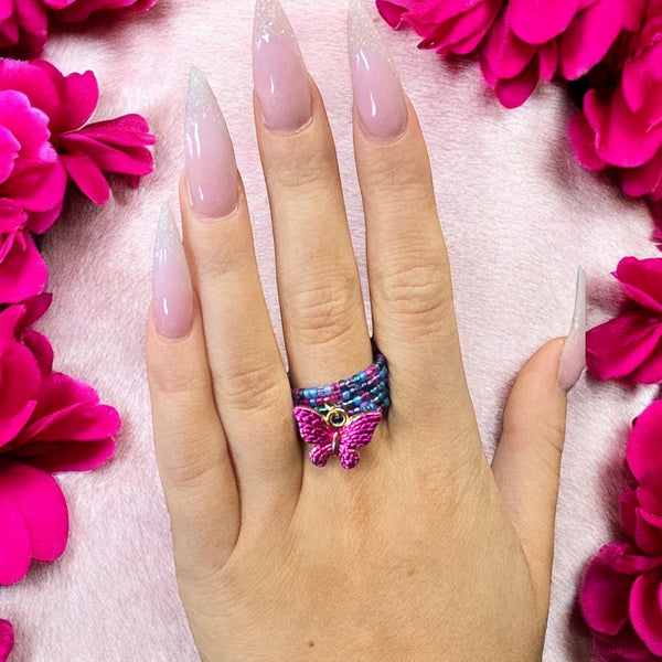 Hot Pink Butterfly Charm Ring | Beaded Ring | Floral Jewelry