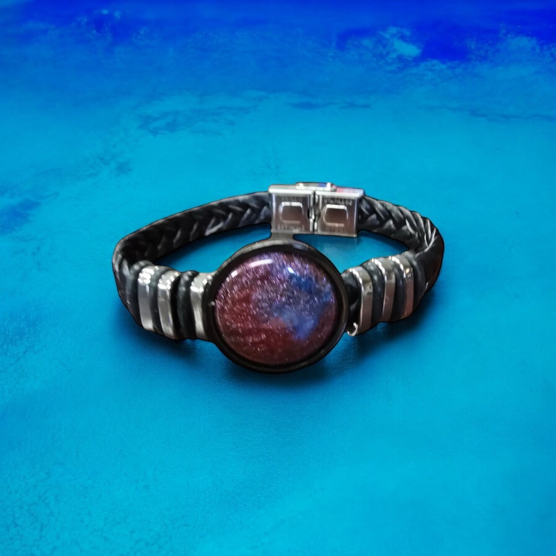 Blue, Dark Red, and Purple Glitter Resin Leather Bracelet | Unique Jewelry