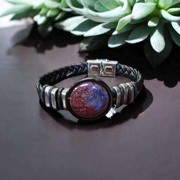 Blue, Dark Red, and Purple Glitter Resin Leather Bracelet | Unique Jewelry