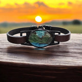 Teal, Green, and Black Mountain Resin Leather Bracelet | Unique Jewelry