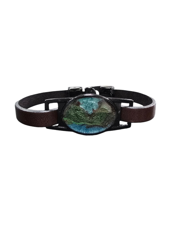 Teal, Green, and Black Mountain Resin Leather Bracelet | Unique Jewelry