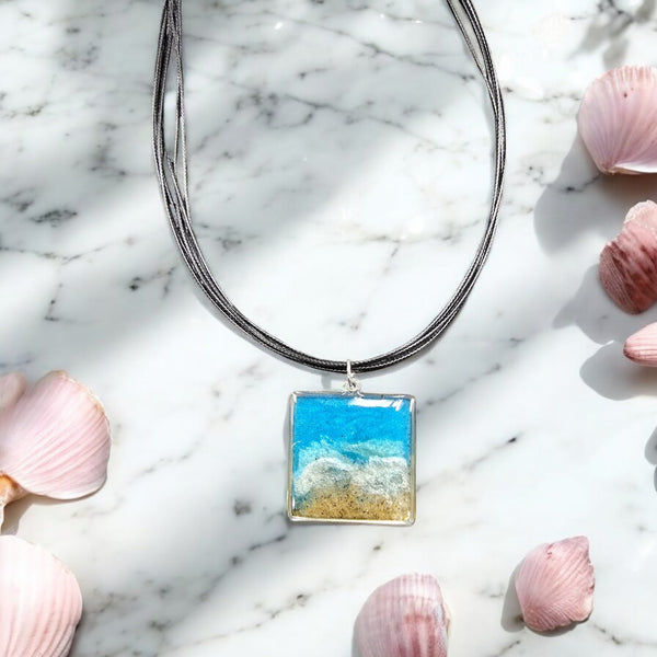 Square Beach Ocean Waves Sand Pendant | Unique Beach Jewelry | Handmade