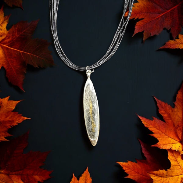 Gold and Gray Glitter Resin Pendant Necklace | Multi-Strand Cord | Sterling Silver