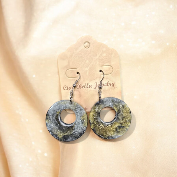 Gray and Gold Glitter Circle Dangle Earrings | Unique Statement Jewelry