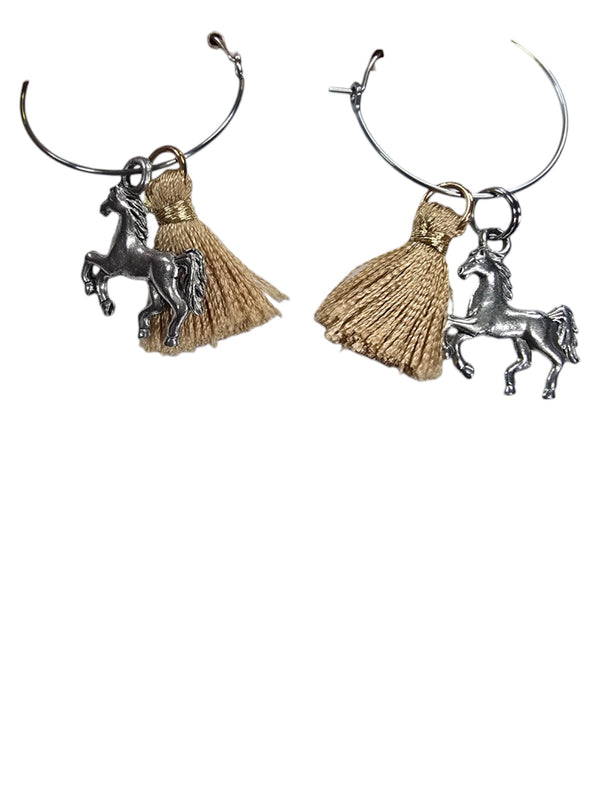 Silver Stainless Hoop Earrings with Brown Tassel and Horse Pewter Charms | Unique Equestrian Jewelry