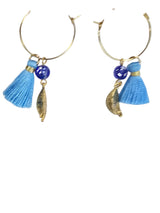 Gold-Plated Stainless Hoop Earrings with Blue Tassel and Lemon Pewter Charm | Unique Citrus Jewelry