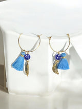 Gold-Plated Stainless Hoop Earrings with Blue Tassel and Lemon Pewter Charm | Unique Citrus Jewelry