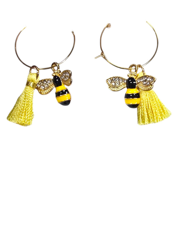 Gold-Plated Stainless Hoop Earrings with Yellow Tassel and Bumblebee Charm | Unique Insect Jewelry