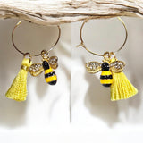 Gold-Plated Stainless Hoop Earrings with Yellow Tassel and Bumblebee Charm | Unique Insect Jewelry