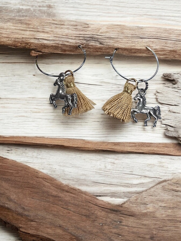 Silver Stainless Hoop Earrings with Brown Tassel and Horse Pewter Charms | Unique Equestrian Jewelry