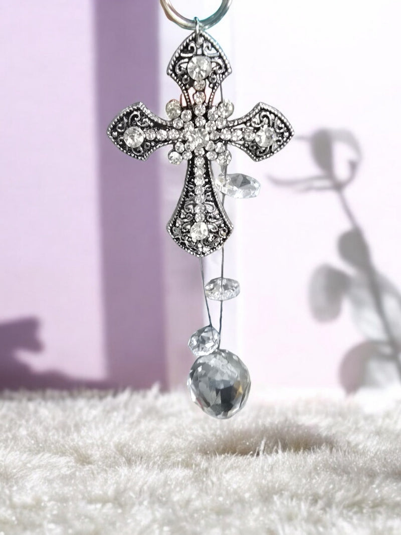 Silver Cross Car Pendant with Crystals | Unique Car Accessory | Handmade