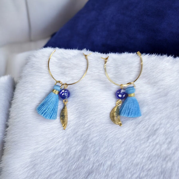 Gold-Plated Stainless Hoop Earrings with Blue Tassel and Lemon Pewter Charm | Unique Citrus Jewelry