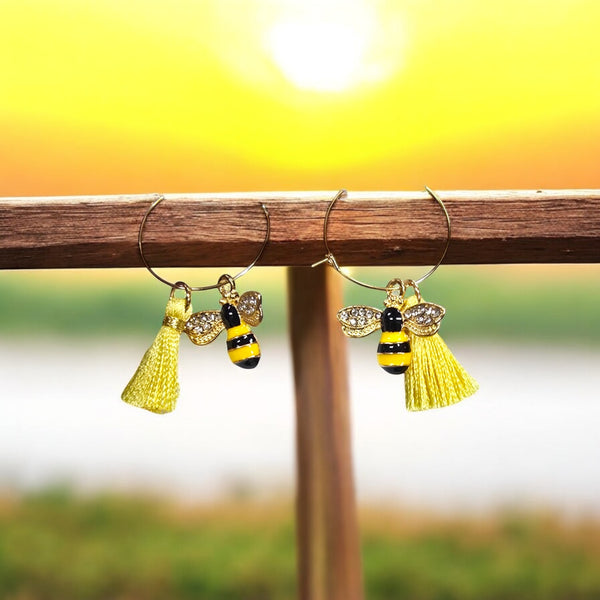 Gold-Plated Stainless Hoop Earrings with Yellow Tassel and Bumblebee Charm | Unique Insect Jewelry