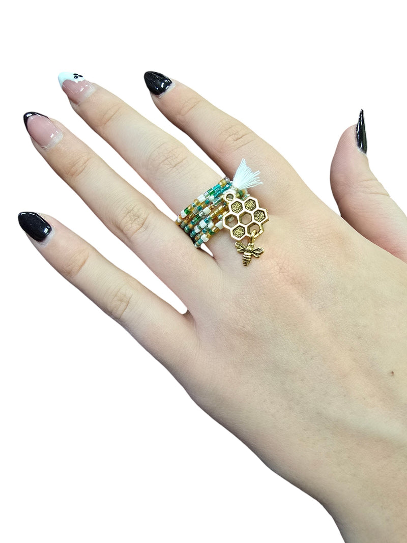 Whimsical Beaded Spiral Ring with Gold Honeycomb and Bumblebee Charm | Unique Handmade Jewelry