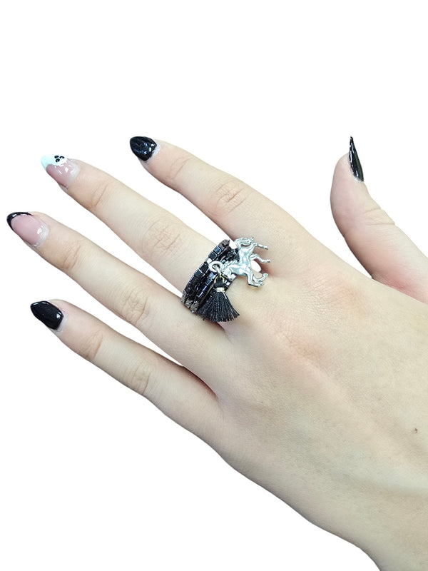 Edgy Beaded Spiral Ring with Sterling Silver Horse Charm | Unique Handmade Jewelry