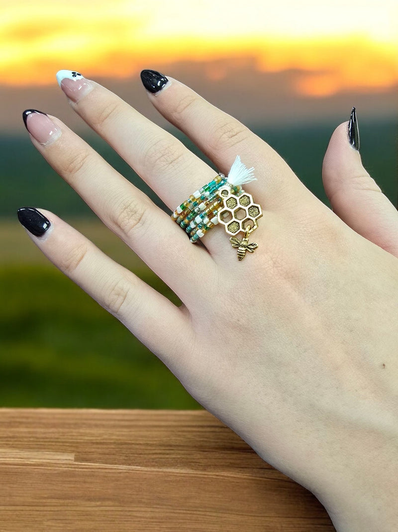 Whimsical Beaded Spiral Ring with Gold Honeycomb and Bumblebee Charm | Unique Handmade Jewelry